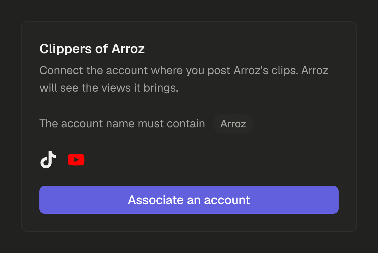 A streamer's clippers link: Clippers of Arroz, the account name must contain Arroz, TikTok and YouTube accepted, and an Associate an account button.