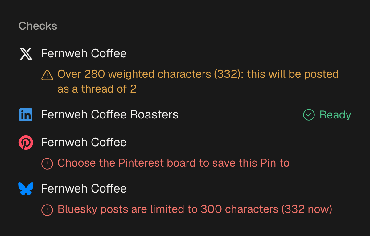 The composer's checks for one post: X will send it as a thread of two, LinkedIn is ready, Pinterest still needs a board, and the text is over Bluesky's 300-character limit.