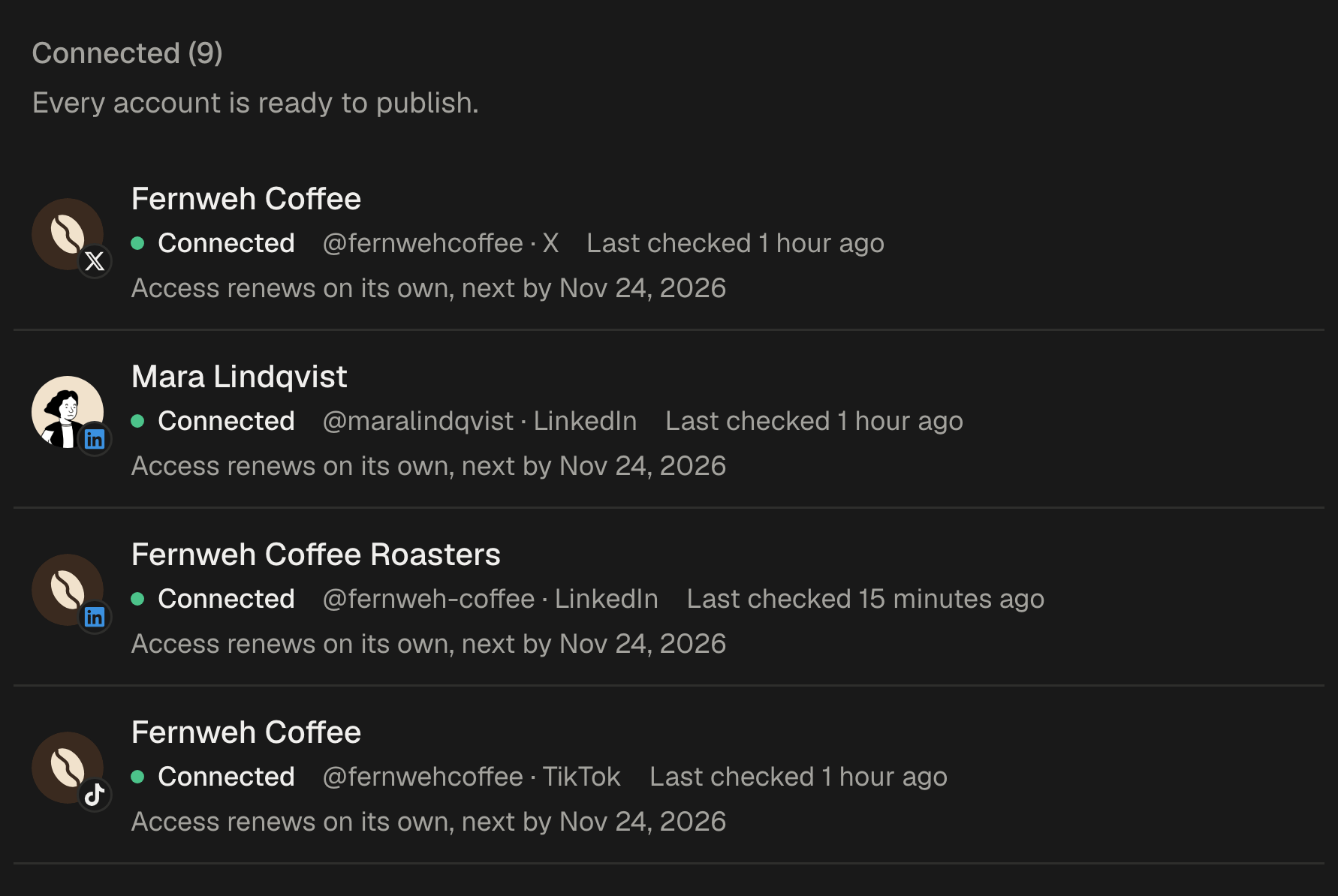 Social Accounts: four connected accounts, each showing when its connection was last checked and that its access renews on its own.
