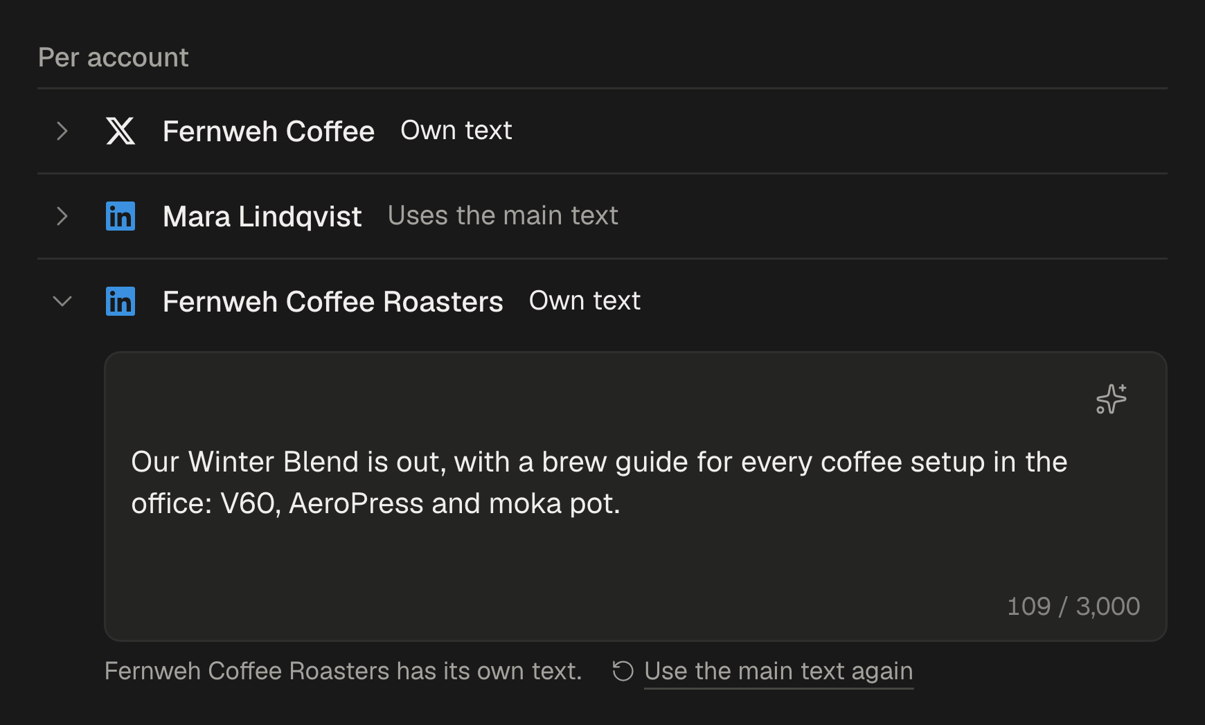 The composer's Per account rows: X and the Fernweh Coffee Roasters LinkedIn page have their own text, Mara Lindqvist's LinkedIn uses the main text, and the page's own caption is open under its row.