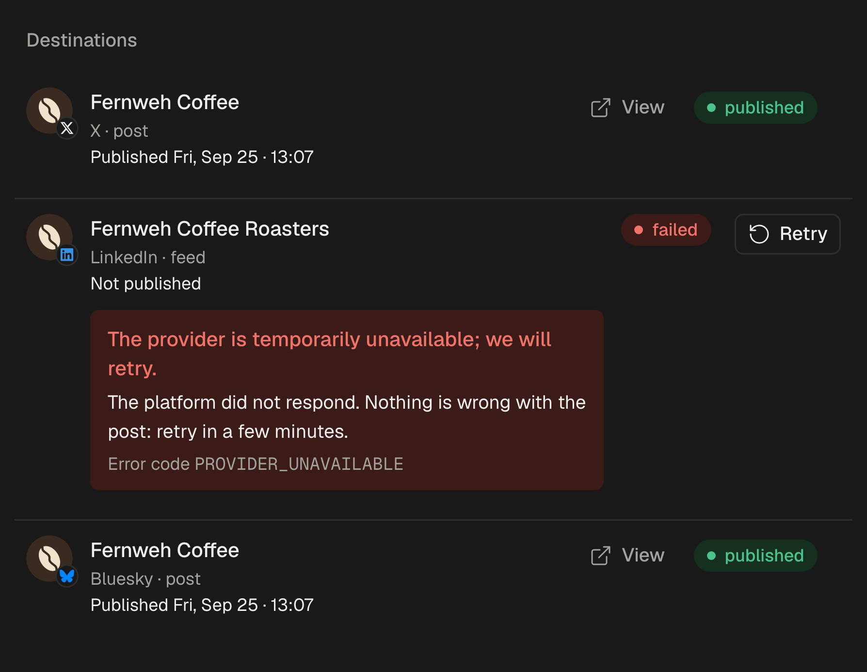 A post's destinations: published on X and Bluesky, not published on the LinkedIn page because the platform did not respond, with a Retry button for that account alone.