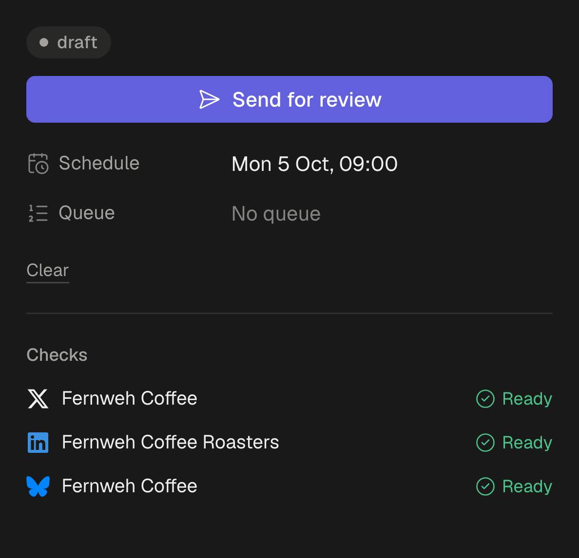 The side panel of the composer for an Editor: a Send for review button, Monday at 09:00 chosen as the time it goes out, and each of its three accounts marked Ready.