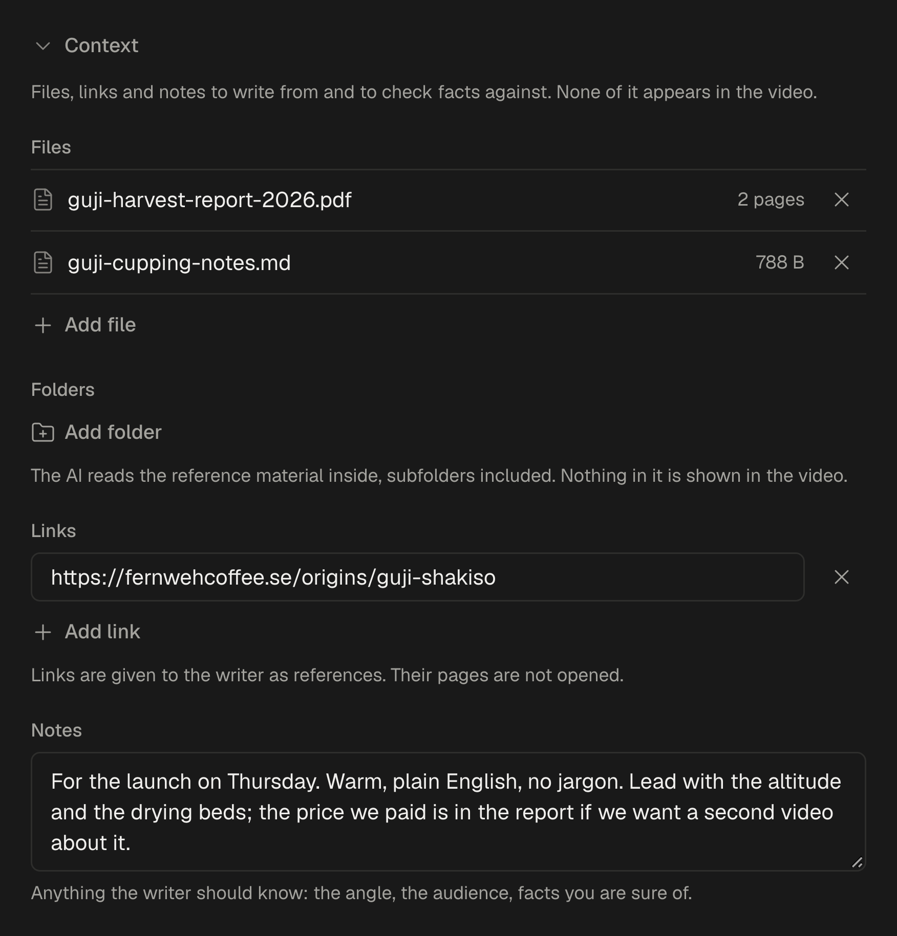A script's context: two documents from the library, a link and a few lines of notes.