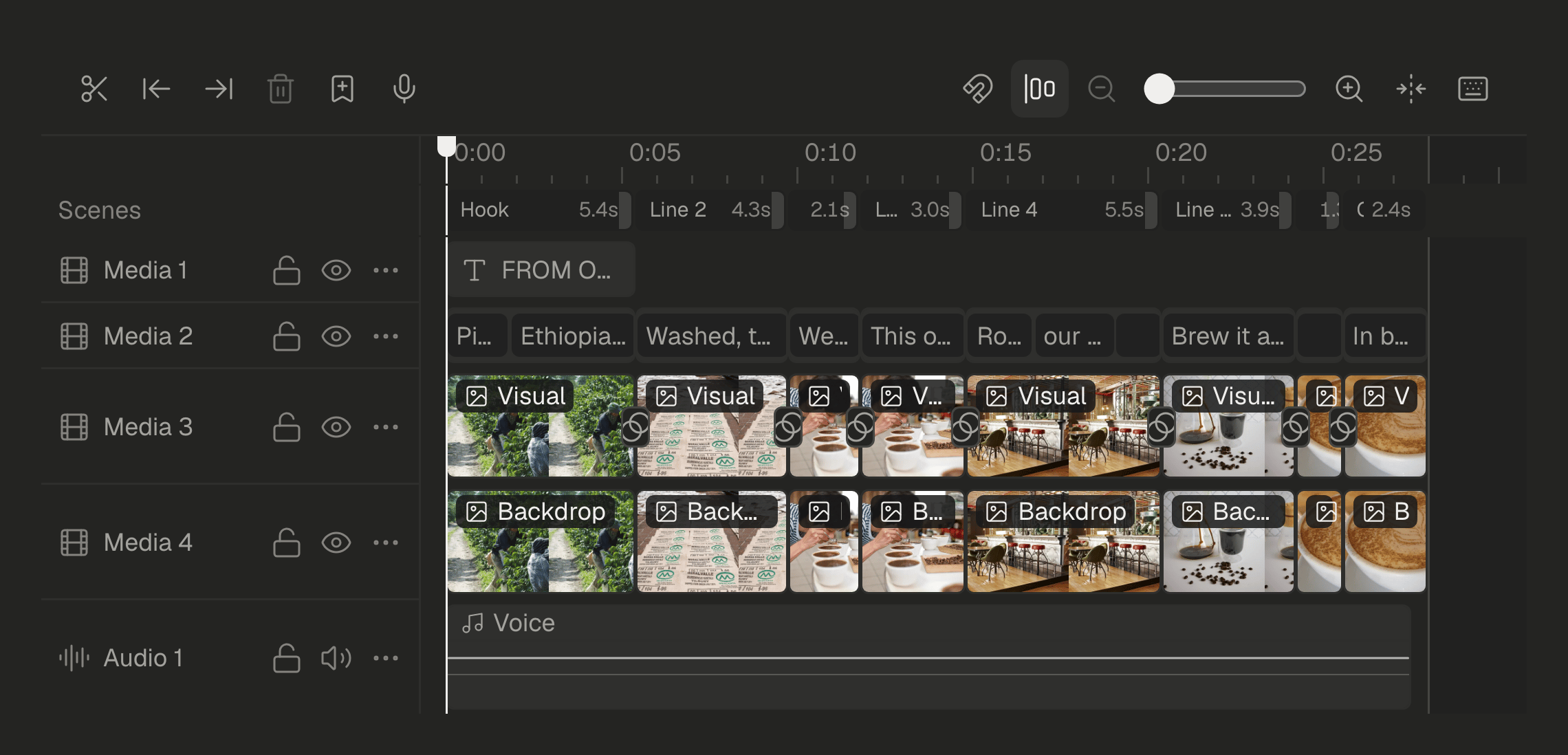 La línea de tiempo de Studio de un vídeo de 28 segundos: sus escenas, un título, los subtítulos, dos pistas de imágenes y una pista de voz.