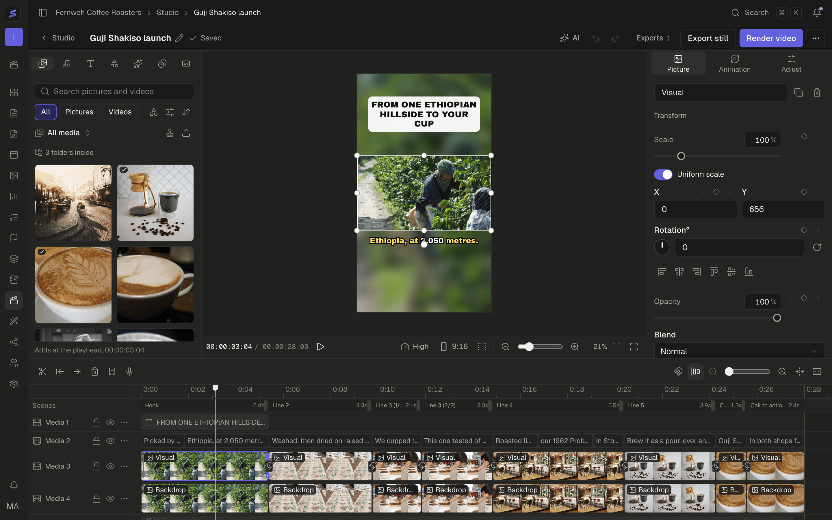El espacio de trabajo de Studio: la biblioteca multimedia, el reproductor con un vídeo vertical, las herramientas de la imagen seleccionada y la línea de tiempo con sus pistas.
