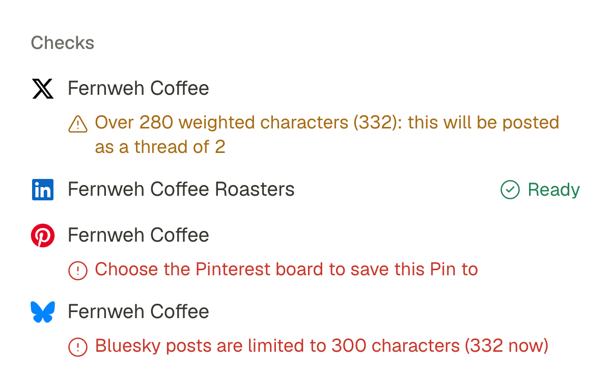 The composer's checks for one post: X will send it as a thread of two, LinkedIn is ready, Pinterest still needs a board, and the text is over Bluesky's 300-character limit.