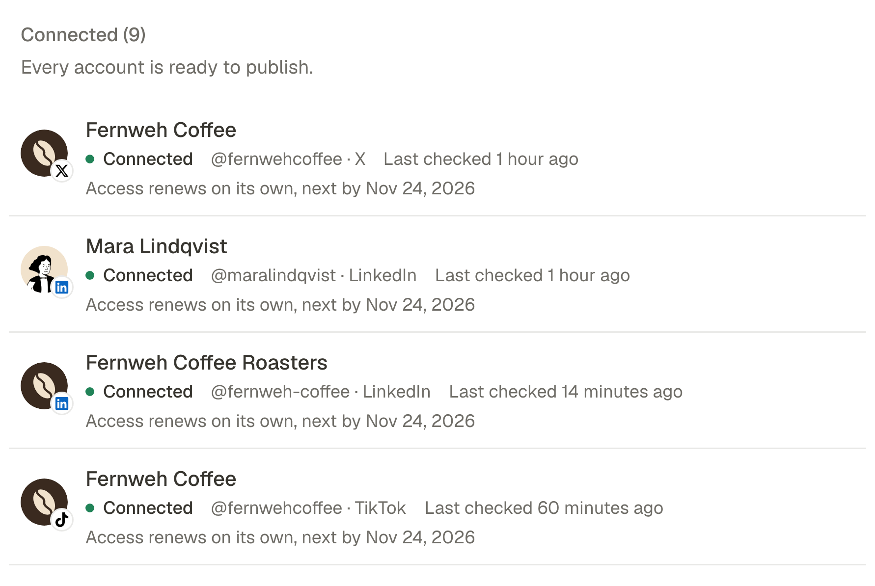 Social Accounts: four connected accounts, each showing when its connection was last checked and that its access renews on its own.
