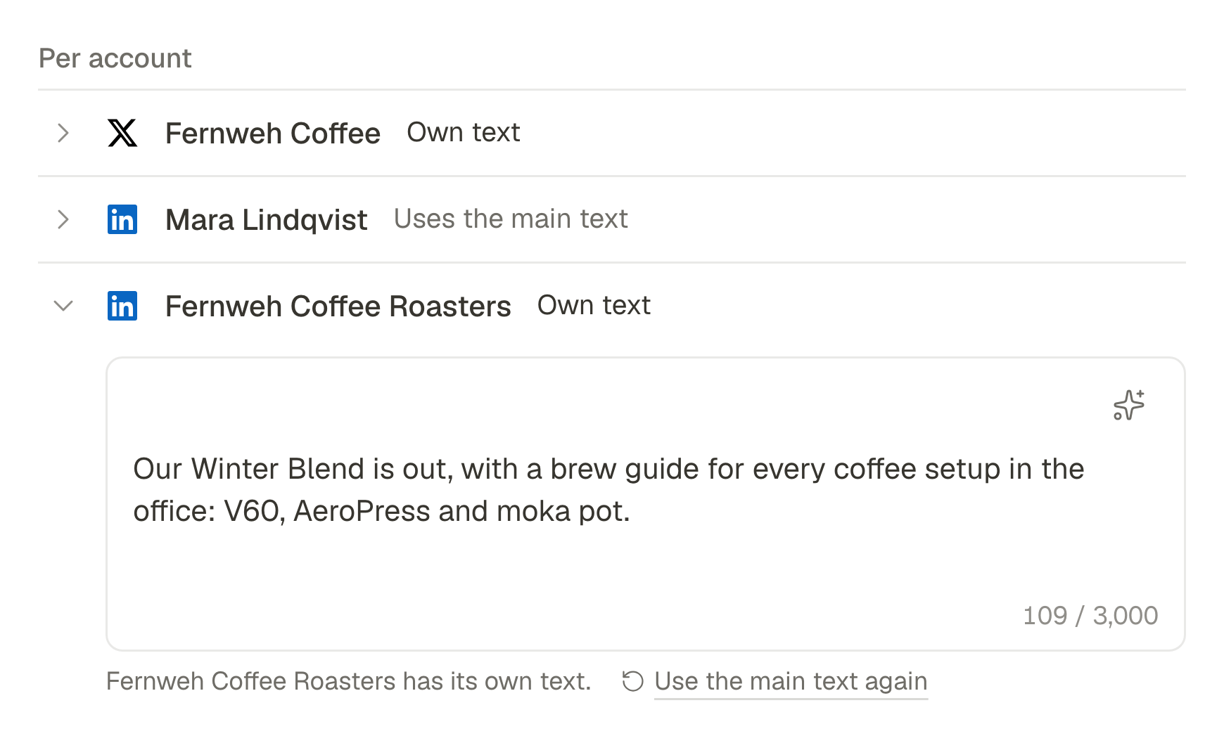 The composer's Per account rows: X and the Fernweh Coffee Roasters LinkedIn page have their own text, Mara Lindqvist's LinkedIn uses the main text, and the page's own caption is open under its row.