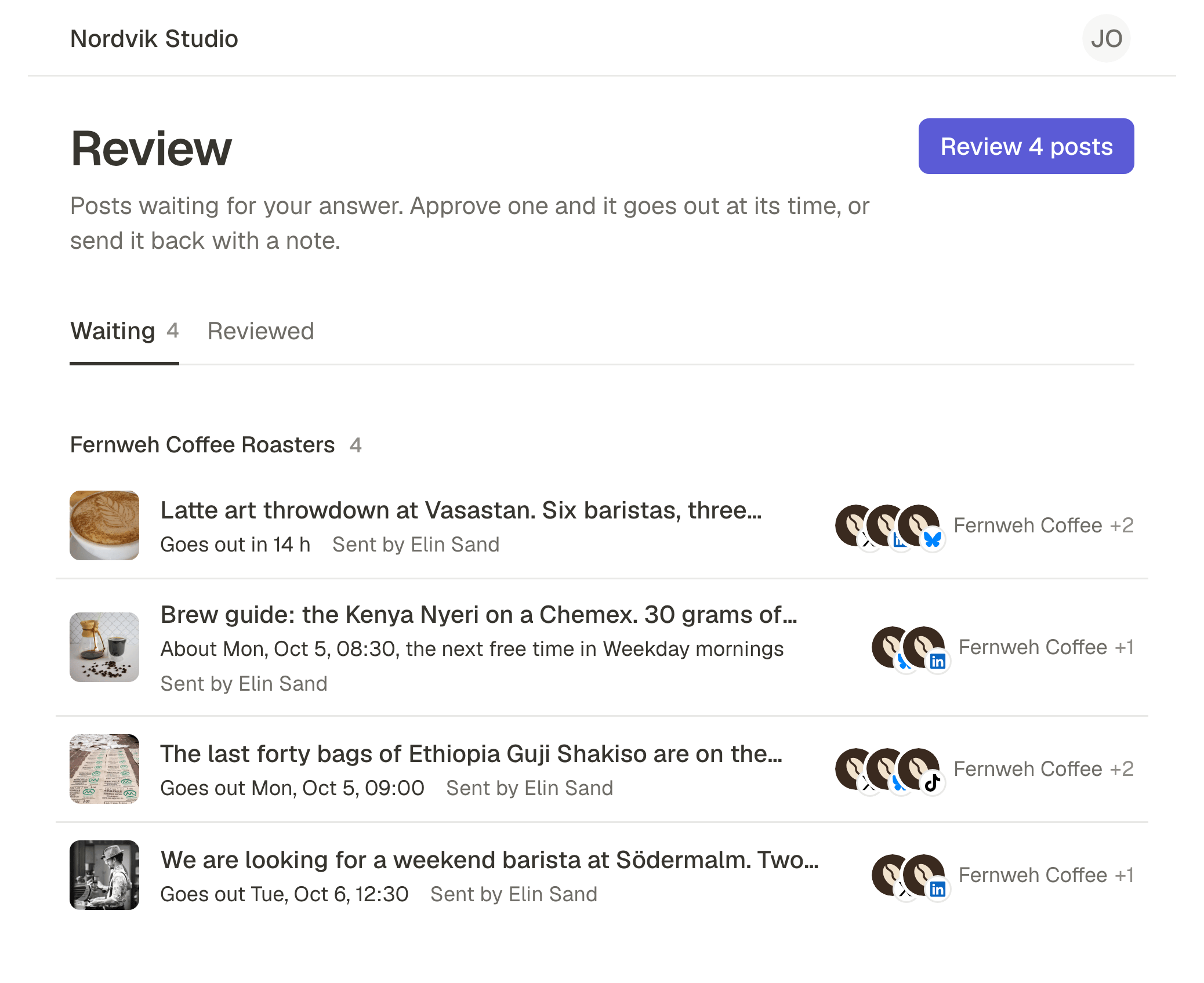 The client's inbox under the agency's name, Nordvik Studio: four posts for Fernweh Coffee Roasters waiting for an answer, each with when it goes out, who sent it and its accounts, and a button to review all four.