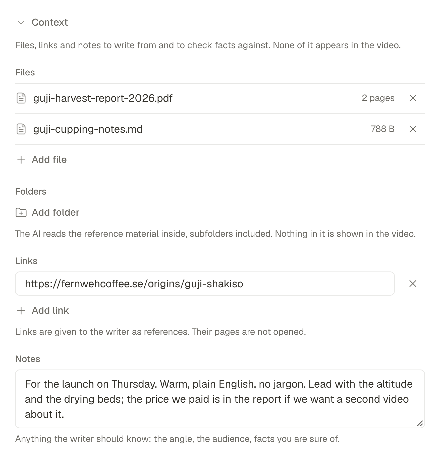 A script's context: two documents from the library, a link and a few lines of notes.