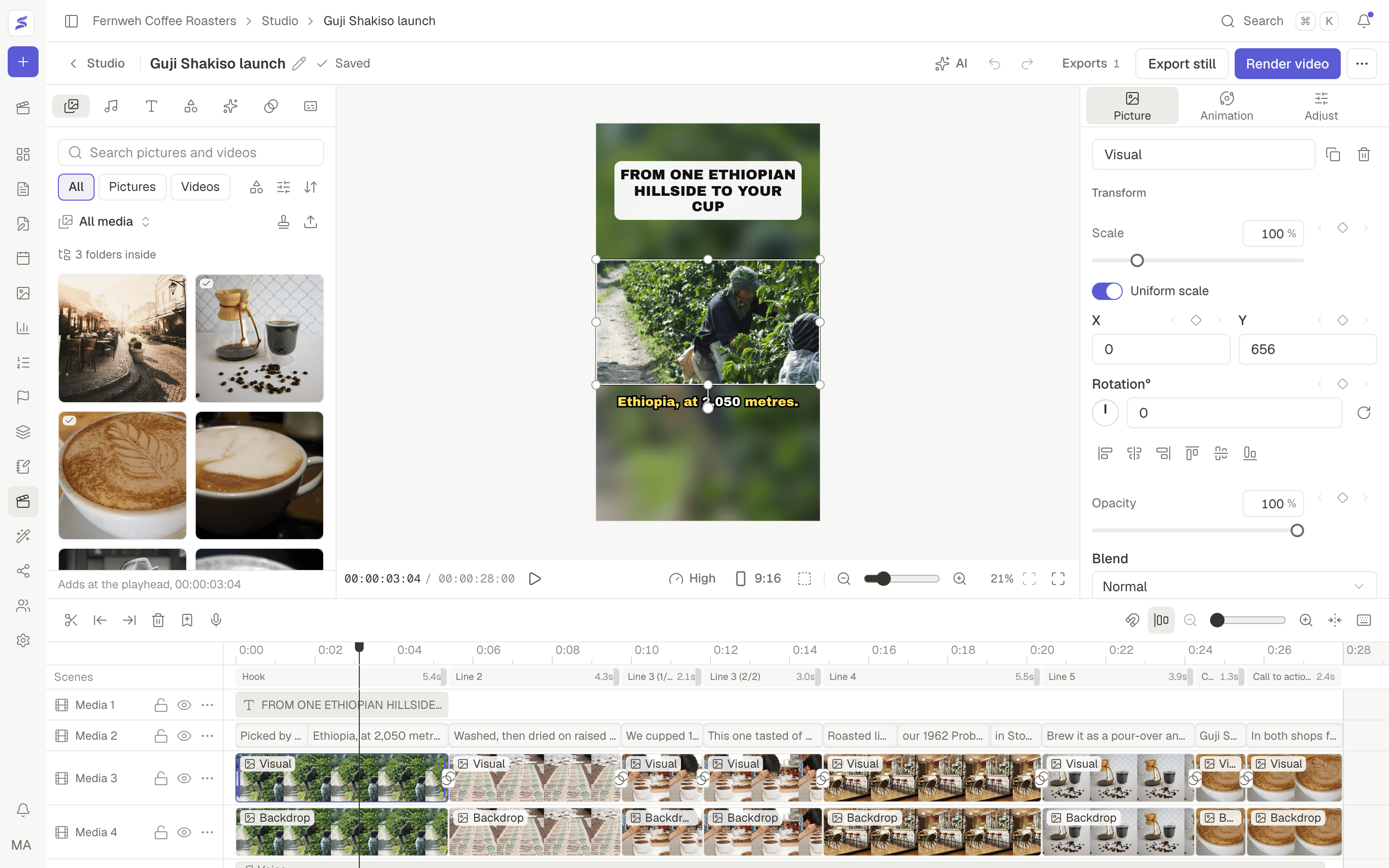 El espacio de trabajo de Studio: la biblioteca multimedia, el reproductor con un vídeo vertical, las herramientas de la imagen seleccionada y la línea de tiempo con sus pistas.
