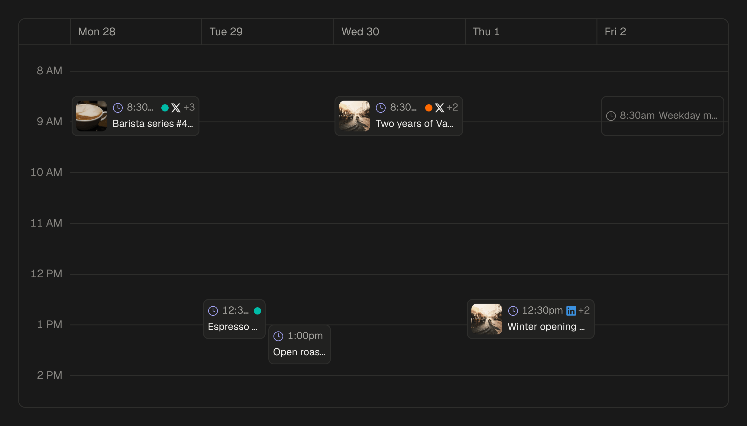 Two weeks of the month calendar, each scheduled post shown on its day with its time and the networks it goes to.