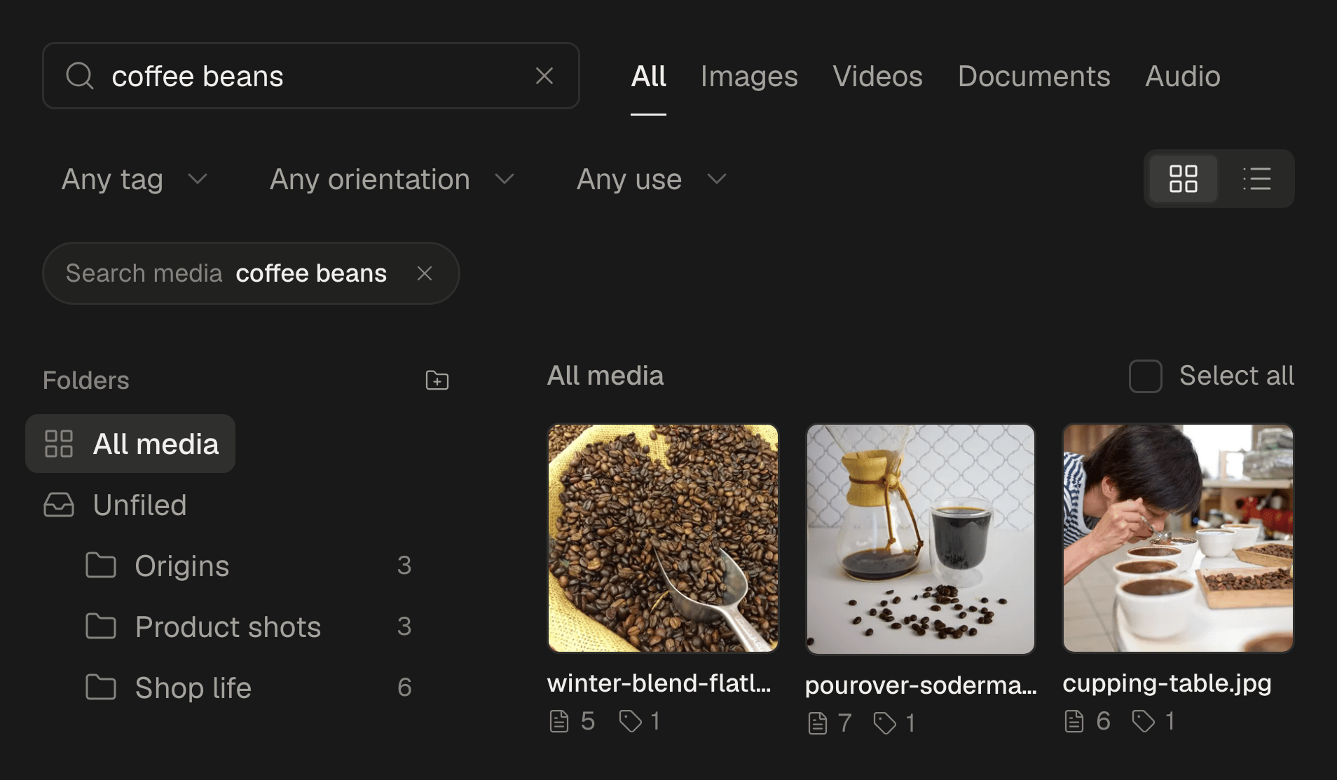 The media library searched with a short description in plain words, showing the photos that match it.