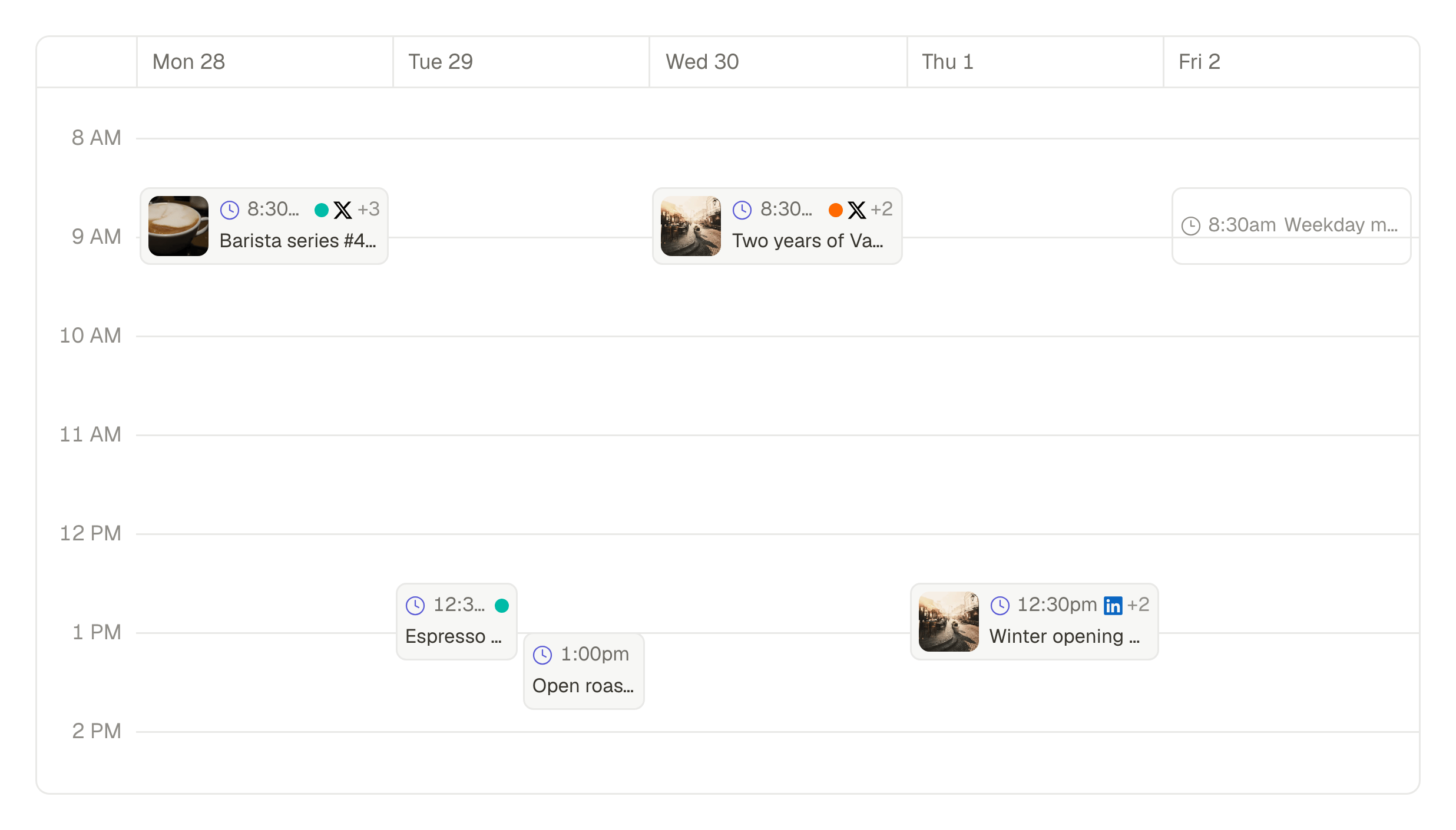 Two weeks of the month calendar, each scheduled post shown on its day with its time and the networks it goes to.