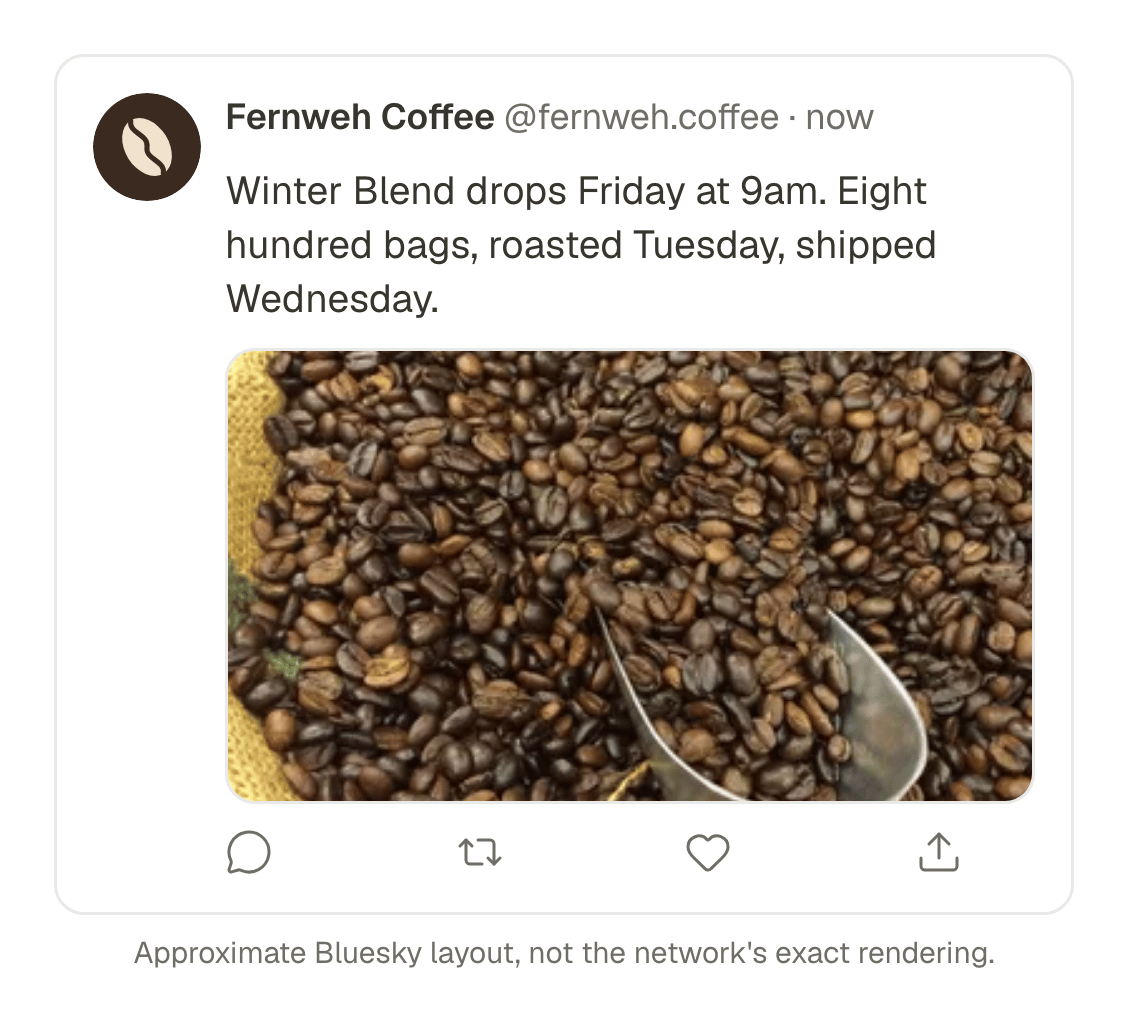 Ein Beitrag, wie er auf X, LinkedIn und Bluesky aussehen wird, mit einem Foto von Kaffeebohnen und dem Text zu einer Produkteinführung.