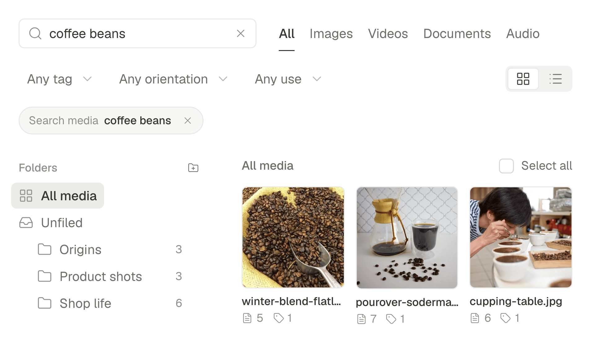 The media library searched with a short description in plain words, showing the photos that match it.