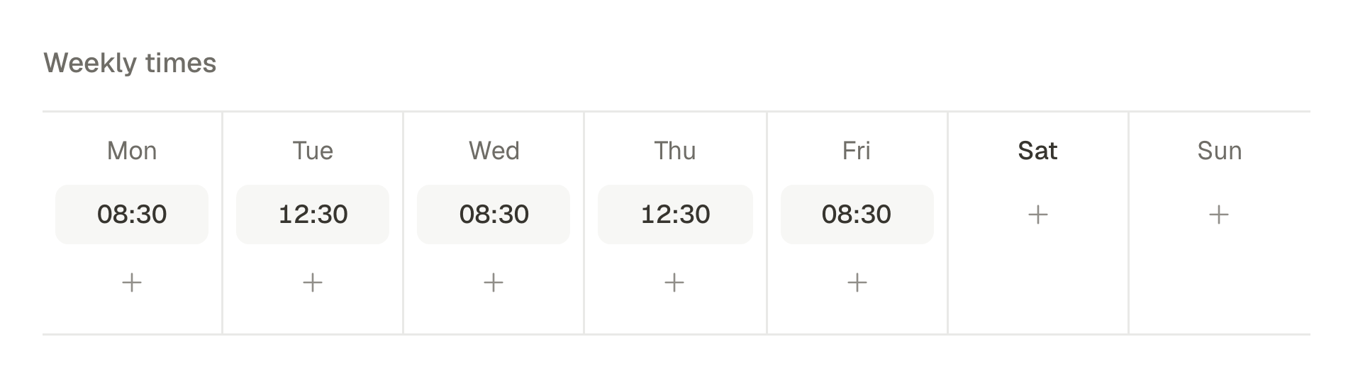 A queue called Weekday mornings: five weekly slots from Monday to Friday, each showing how many of the next posts it holds.